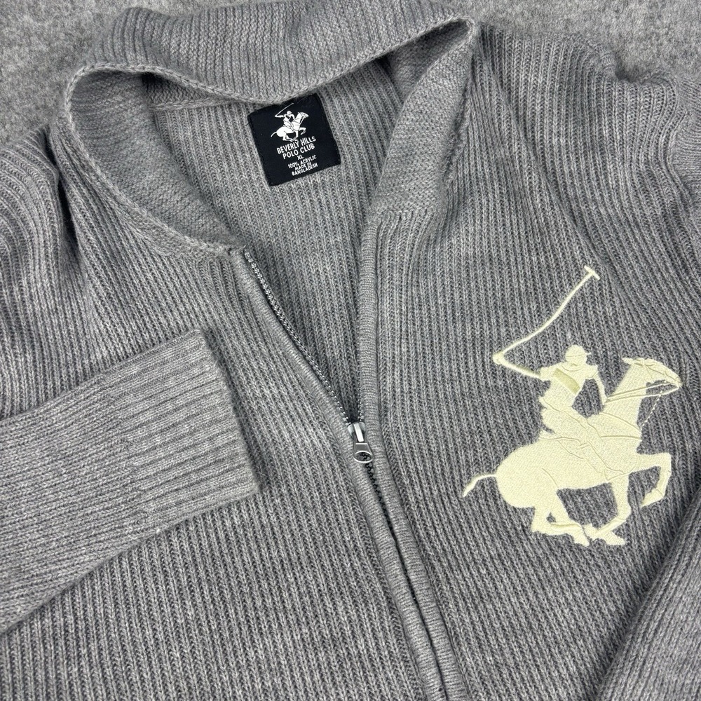 Beverly Hills Polo Club Sweater Men's XL Gray Full Zip Knit Big Logo Y2K Style